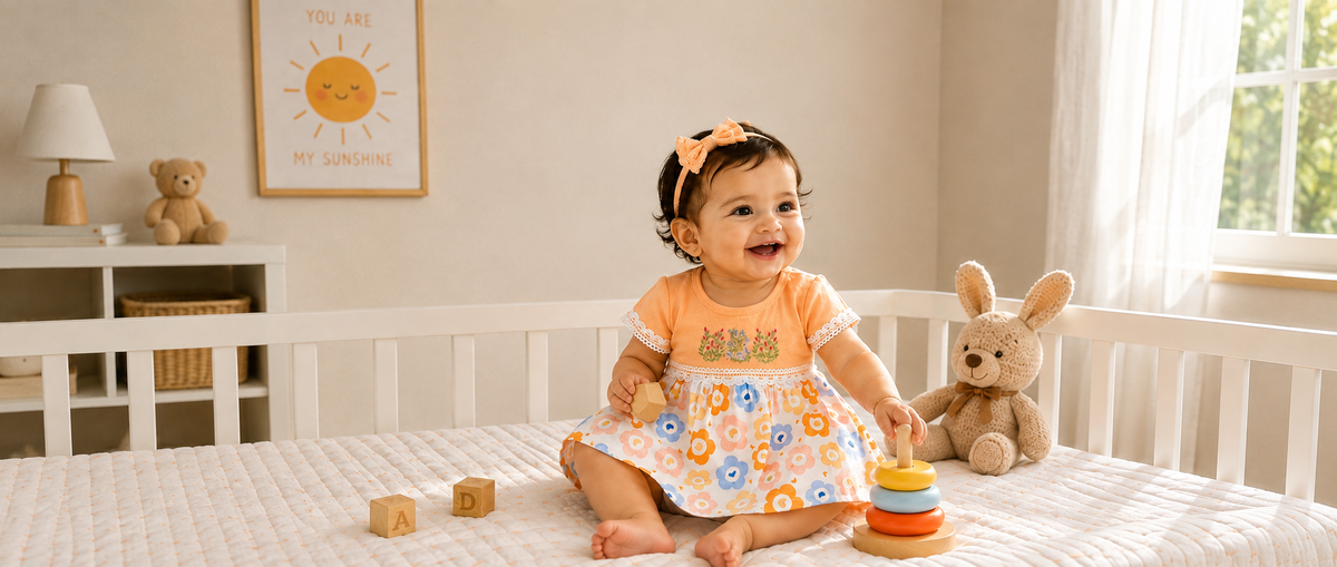 Indian baby girl wearing Tiny Meadow floral frock made of 100% organic cotton smiling looking colourful and festive in a nursery on a bed with her toys