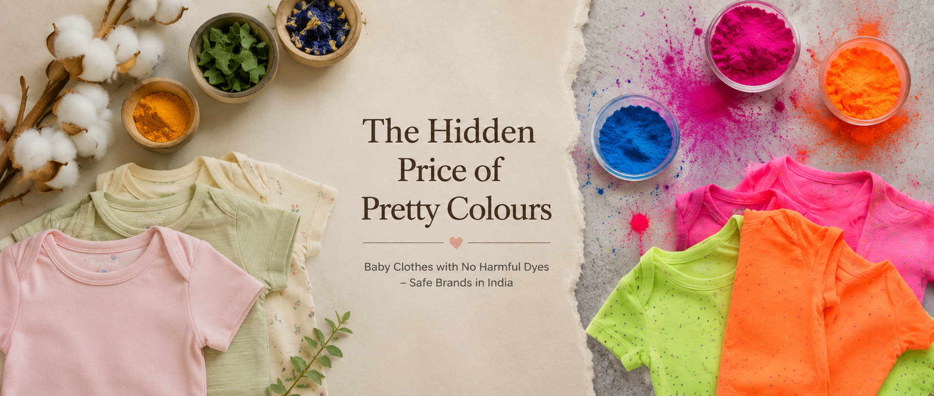 On one side the organic clothes are shown made from organic dyes and on the other hand vibrant bright clothes are shown made by using harmful chemical dyes.