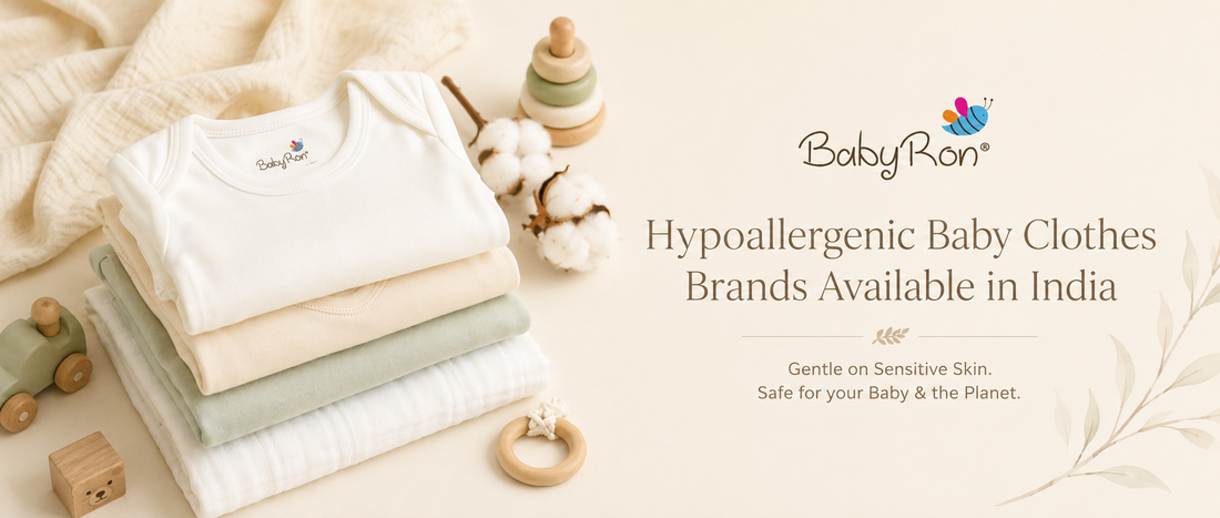 Premium hypoallergenic baby clothes by BabyRon neatly folded with natural baby accessories, representing soft and gentle clothing for babies with sensitive skin in India