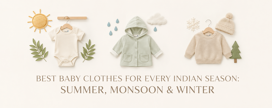 Premium BabyRon baby clothes for summer, monsoon and winter seasons, featuring breathable cotton bodysuit, hooded jacket and warm knitted sweater for babies in India.