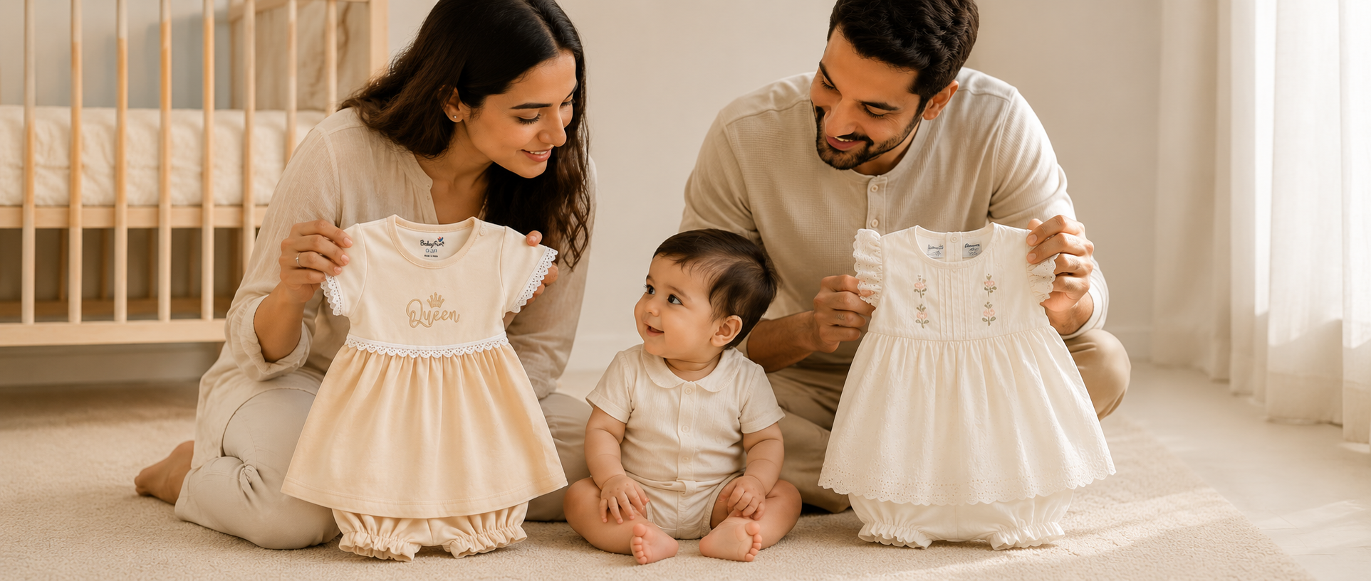 Mother and father comparing premium baby dresses while their baby watches, illustrating the difference between imported baby clothes and Indian baby clothing brands.