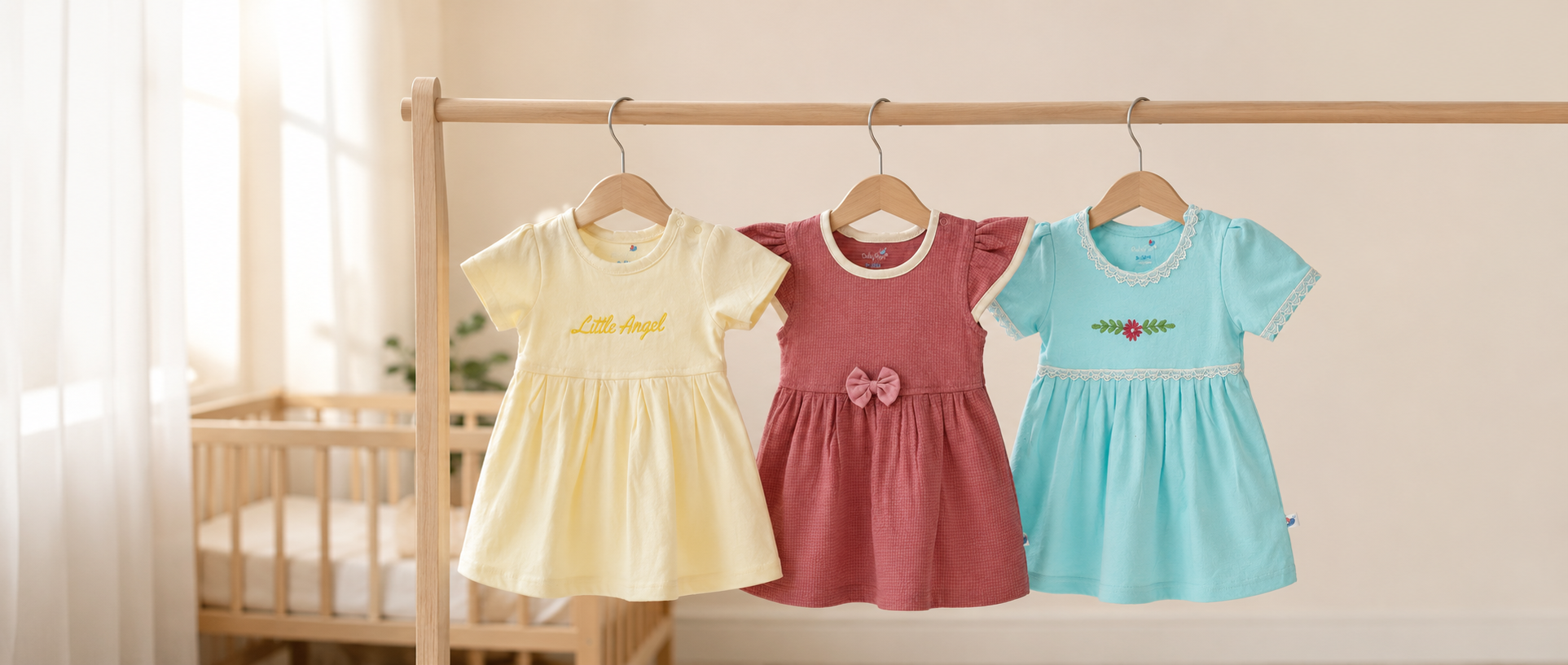 Premium BabyRon cotton baby dresses (BabyRon Angel, BabyRon Duchess & Tiny Blossom) displayed on wooden hangers in a serene nursery, showcasing soft, breathable clothing ideal for babies with sensitive skin in India's premium baby clothing market