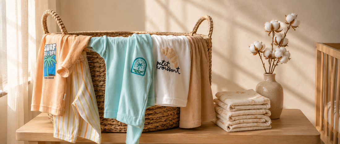 Freshly washed BabyRon baby clothes drying in a warm nursery, including soft cotton baby pyjama sets displayed in a woven laundry basket, illustrating best practices for washing and caring for baby clothes to keep delicate baby skin safe.