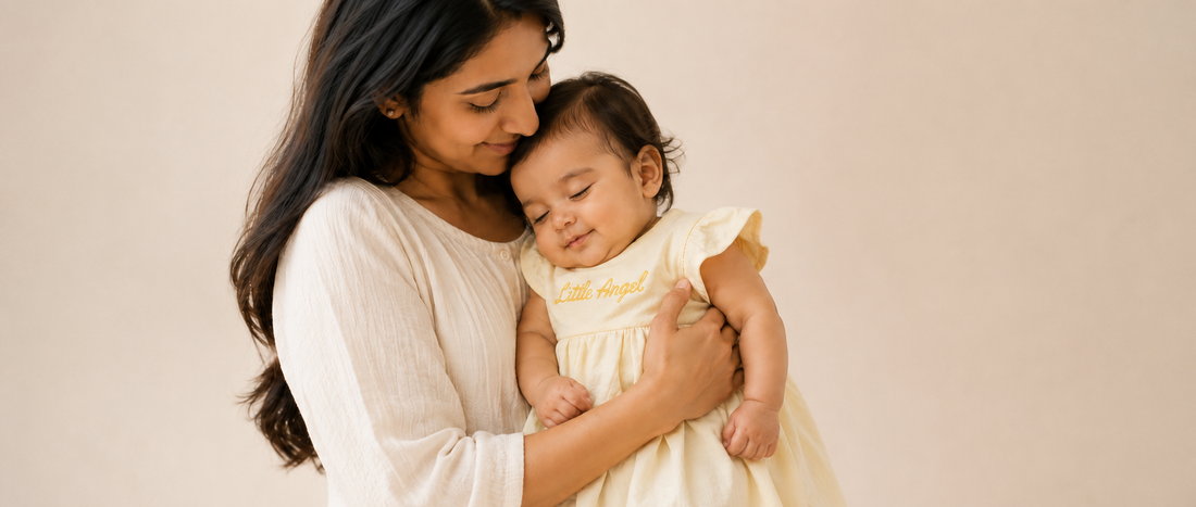 Soft baby clothing made from breathable fabric for sensitive skin, featuring a mother holding her sleeping baby.