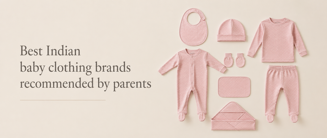Best Indian Baby Clothing Brands Recommended by Parents alongside a neatly arranged flat lay of soft pink baby clothing essentials, including a romper, long-sleeve top, pants, bib, mittens, hat, and hooded towel of BabyRon