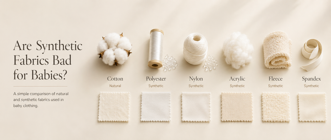 Comparison of cotton and synthetic fabrics for baby clothes, showing cotton, polyester, nylon, acrylic, fleece, and spandex to help parents understand which fabrics are safest and best for babies' sensitive skin.