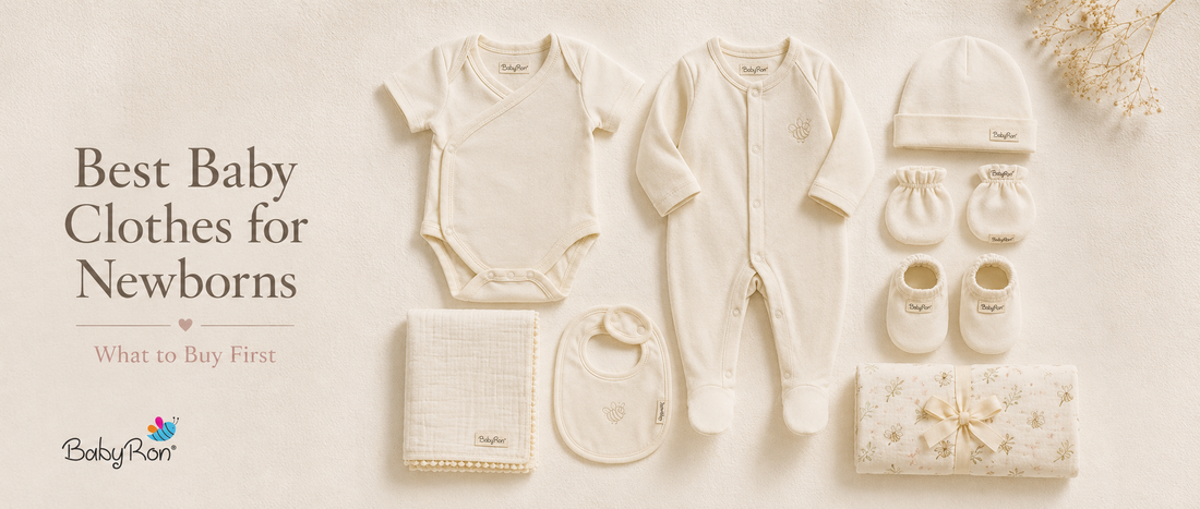 Flat lay of newborn baby essentials on a warm ivory linen background featuring a cotton bodysuit, footed sleepsuit, soft baby cap, mittens, booties, bib, muslin cloth, and swaddle blanket, neatly arranged with minimal styling and the BabyRon logo