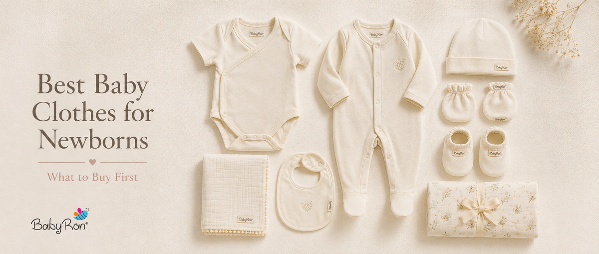 Flat lay of newborn baby essentials on a warm ivory linen background featuring a cotton bodysuit, footed sleepsuit, soft baby cap, mittens, booties, bib, muslin cloth, and swaddle blanket, neatly arranged with minimal styling and the BabyRon logo