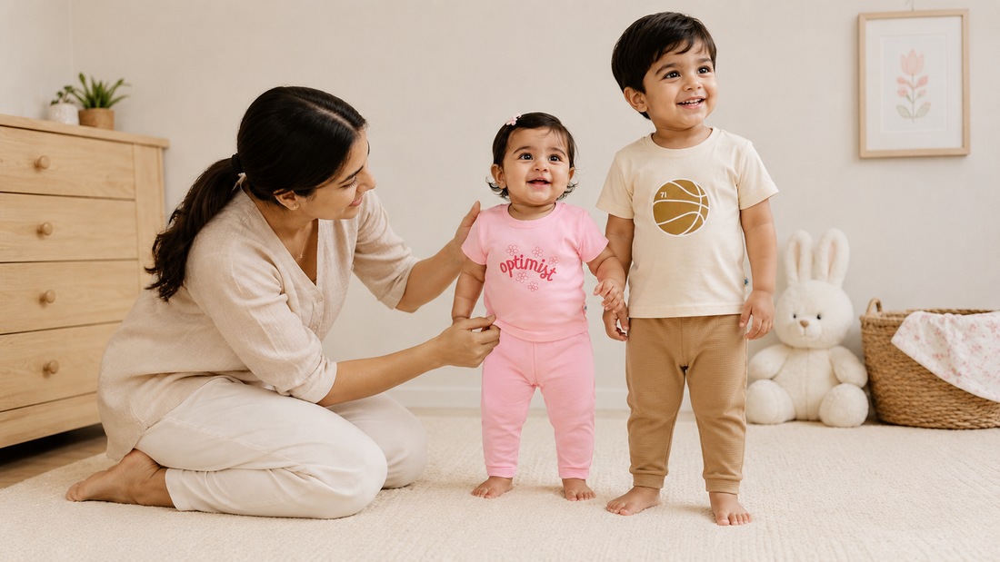 Indian mother helping her baby girl and older brother get dressed in soft cotton baby clothing. The baby girl wears a pink co-ord set while her brother , highlighting comfortable cotton baby clothes for toddlers and siblings.