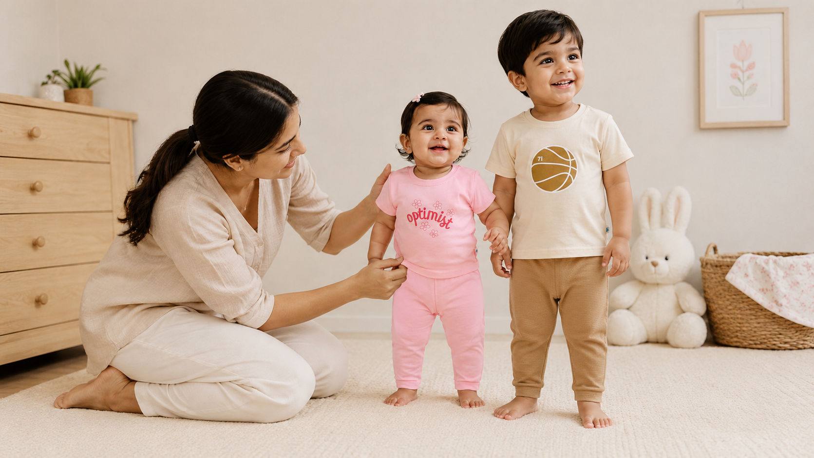 Indian mother helping her baby girl and older brother get dressed in soft cotton baby clothing. The baby girl wears a pink co-ord set while her brother , highlighting comfortable cotton baby clothes for toddlers and siblings.