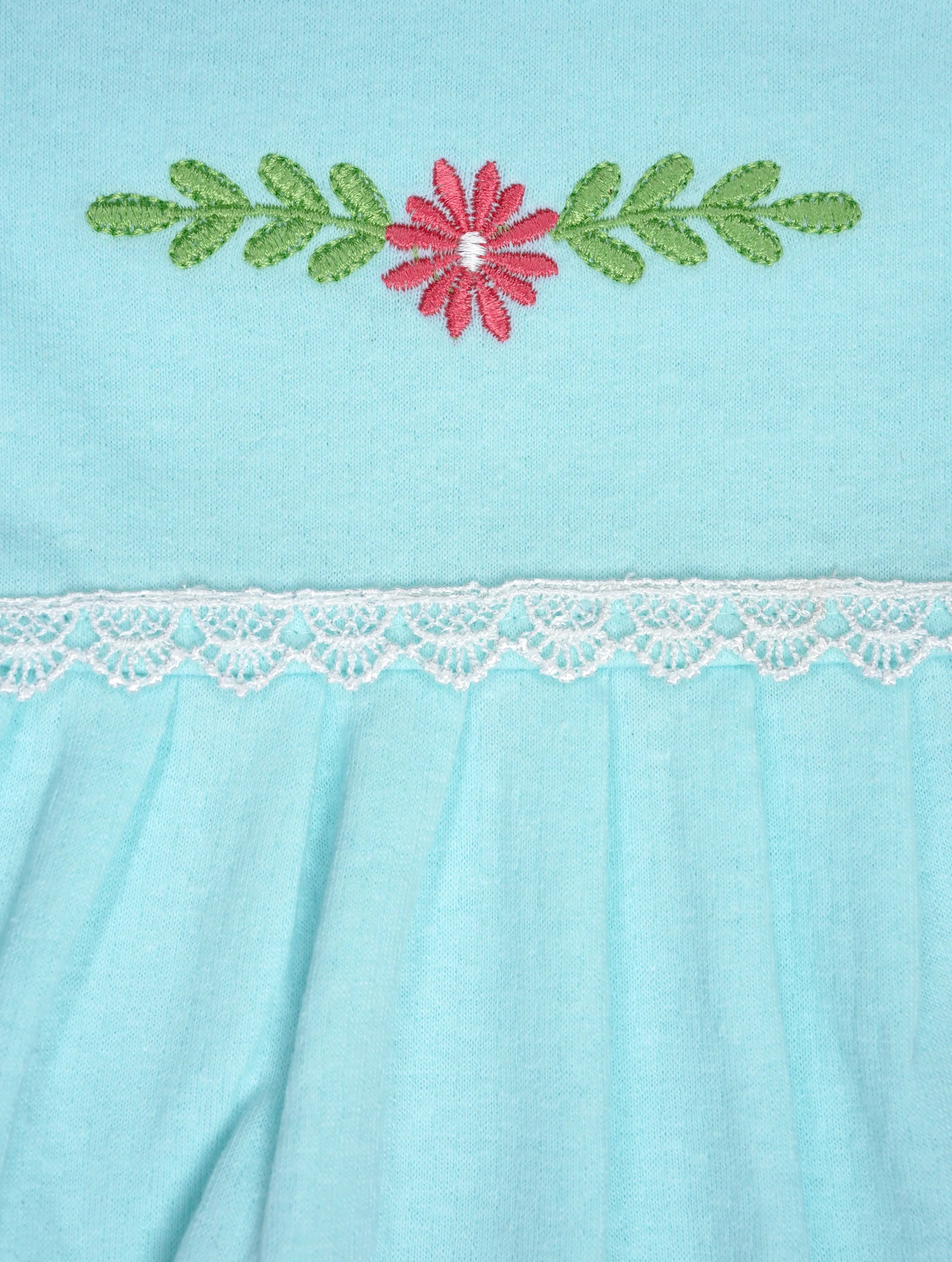 Aqua Blue — Tiny Blossom close-up of organic cotton fabric texture and stitching, export quality baby clothes by BabyRon
