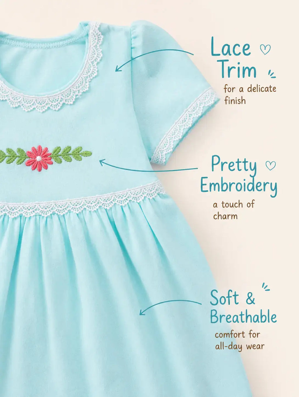 Aqua Blue — Tiny Blossom organic cotton baby dress product details, premium newborn clothing and newborn essentials India by BabyRon