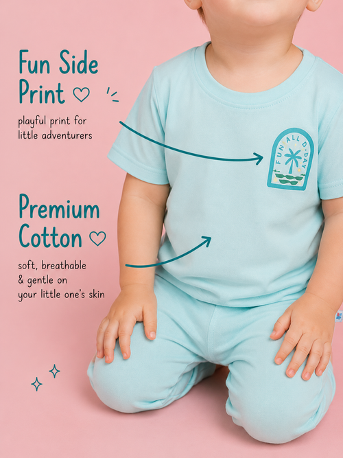 Aqua Mist — BabyRon Breeze premium organic cotton baby pyjama set worn by baby boy model, soft breathable baby wear for 0–12 months, gentle on sensitive skin, premium baby clothing India by BabyRon