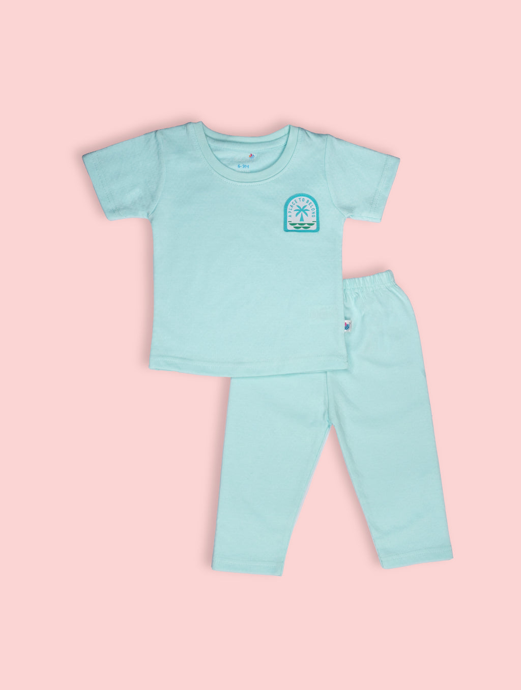 Aqua Mist — BabyRon Breeze premium organic cotton baby pyjama set worn by baby boy model, soft breathable baby wear for 0–12 months, gentle on sensitive skin, premium baby clothing India by BabyRon