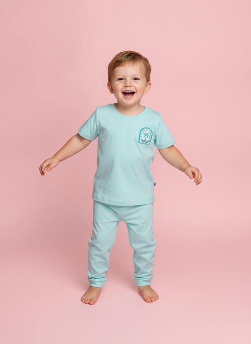 Aqua Mist — BabyRon Breeze premium organic cotton baby pyjama set worn by baby boy model, soft breathable baby wear for 0–12 months, gentle on sensitive skin, premium baby clothing India by BabyRon