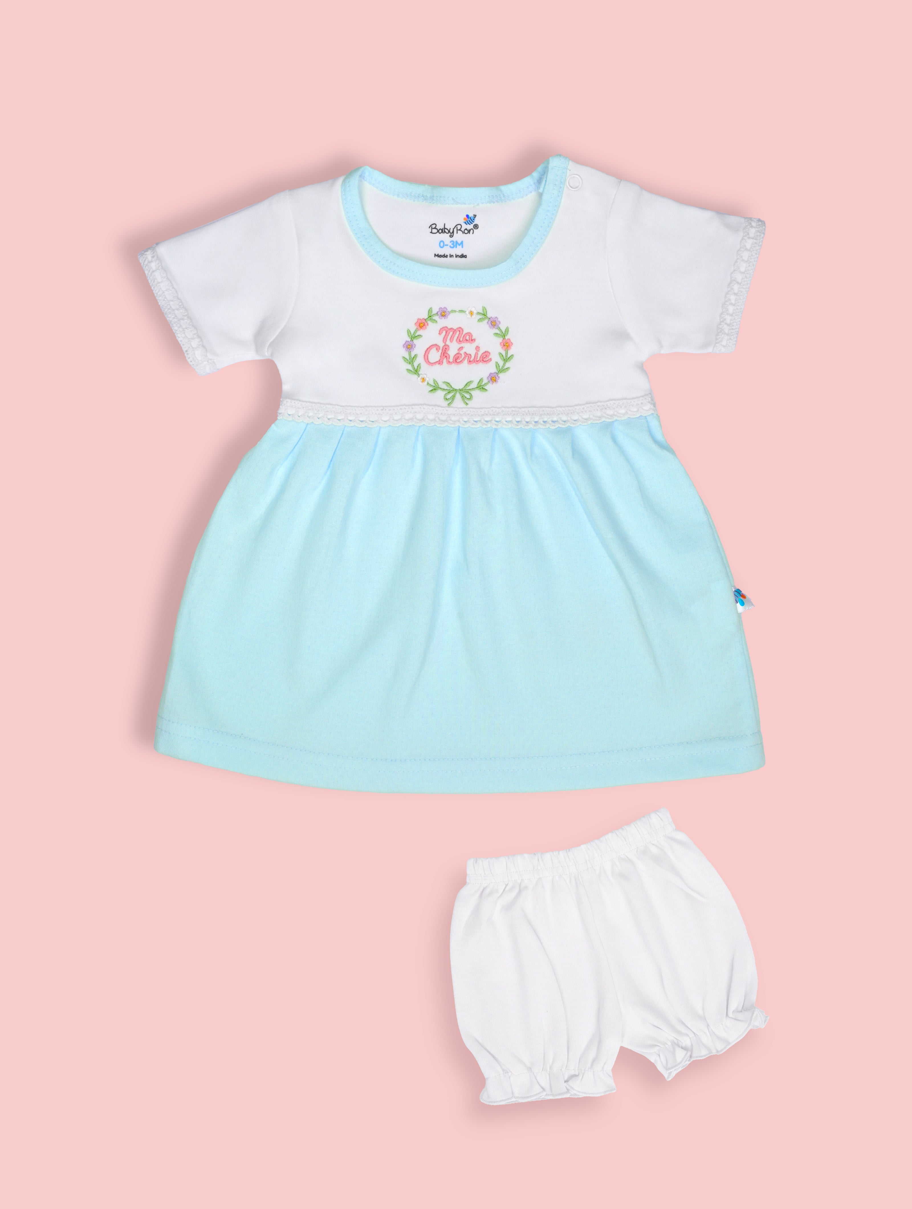 Aqua Mist — BabyRon Darling premium organic cotton baby pyjama set worn by baby girl model, soft breathable baby wear for 0–12 months, gentle on sensitive skin, premium baby clothing India by BabyRon