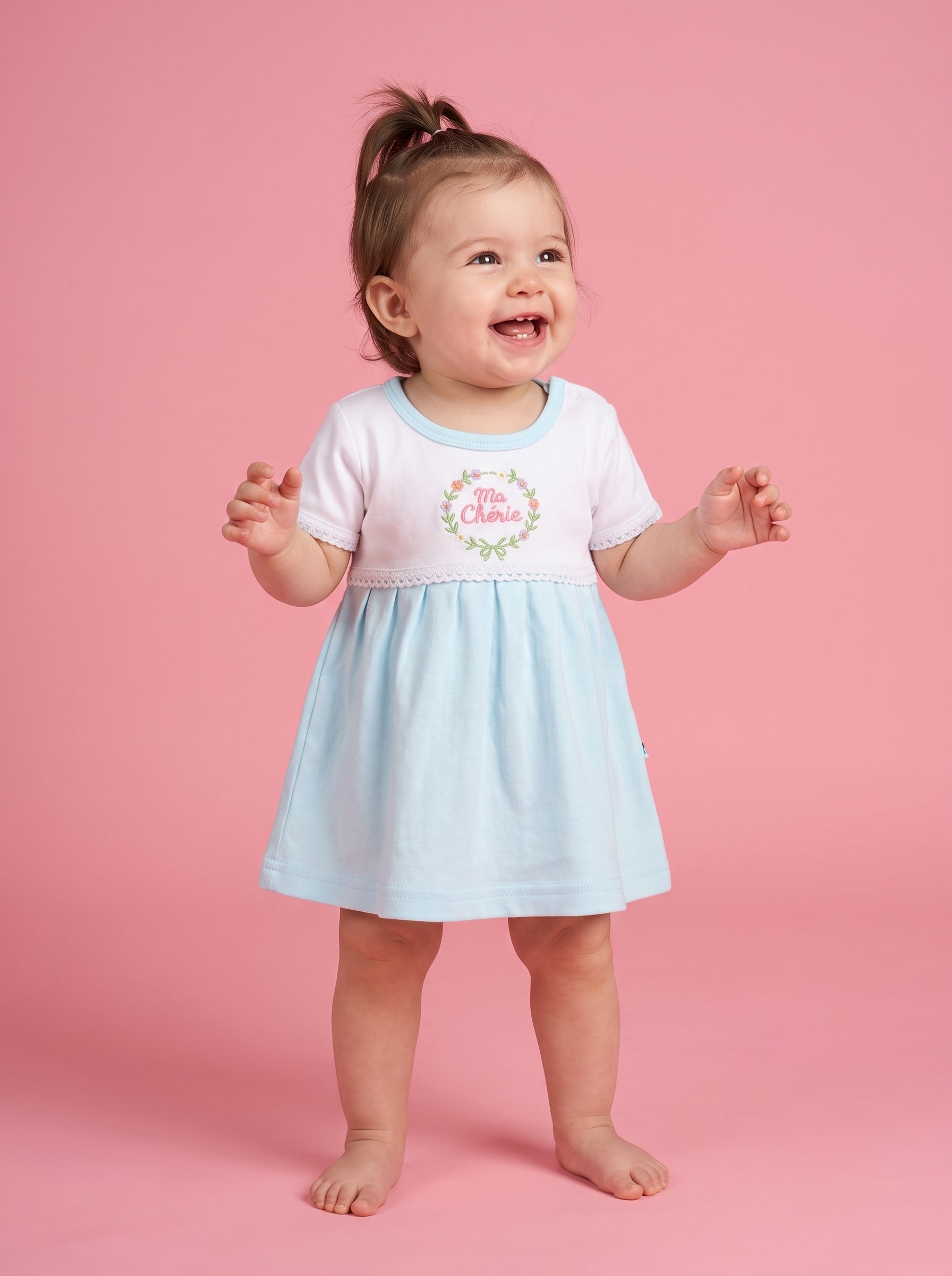 Aqua Mist — BabyRon Darling premium organic cotton baby pyjama set worn by baby girl model, soft breathable baby wear for 0–12 months, gentle on sensitive skin, premium baby clothing India by BabyRon