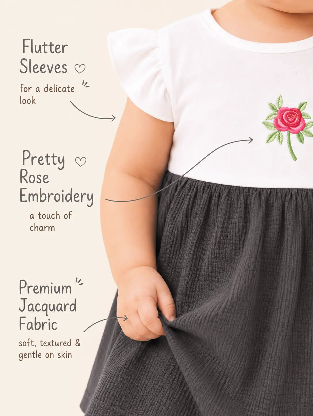 Ash Grey — Tiny Rose organic cotton baby dress product details and fabric benefits, premium newborn clothing and newborn essentials India by BabyRon