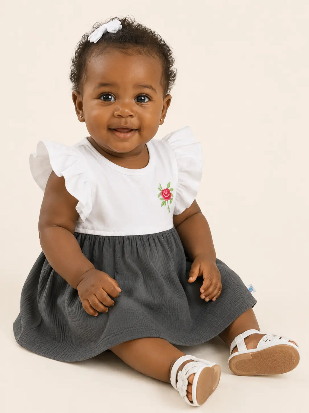 Ash Grey — Tiny Rose organic cotton baby dress worn by baby model, premium baby clothes India, baby clothes for sensitive skin and sustainable baby clothing India by BabyRon