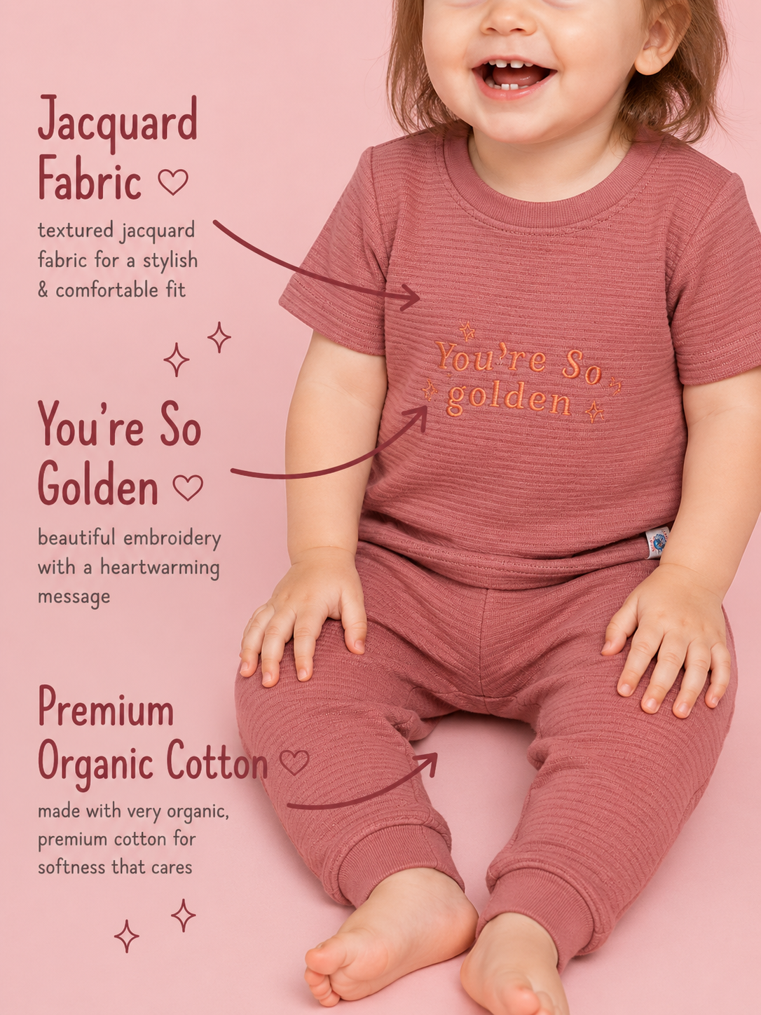 Berry Pink — BabyRon Golden premium organic cotton baby pyjama set worn by baby girl model, soft breathable baby wear for 0–12 months, gentle on sensitive skin, premium baby clothing India by BabyRon