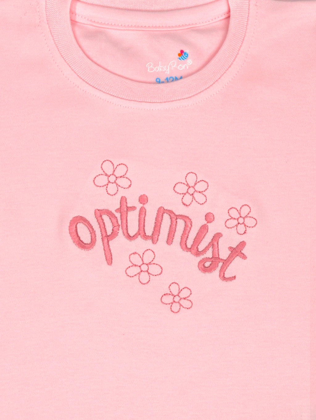Blush Pink — BabyRon Optimist premium organic cotton baby pyjama set worn by baby girl model, soft breathable baby wear for 0–12 months, gentle on sensitive skin, premium baby clothing India by BabyRon