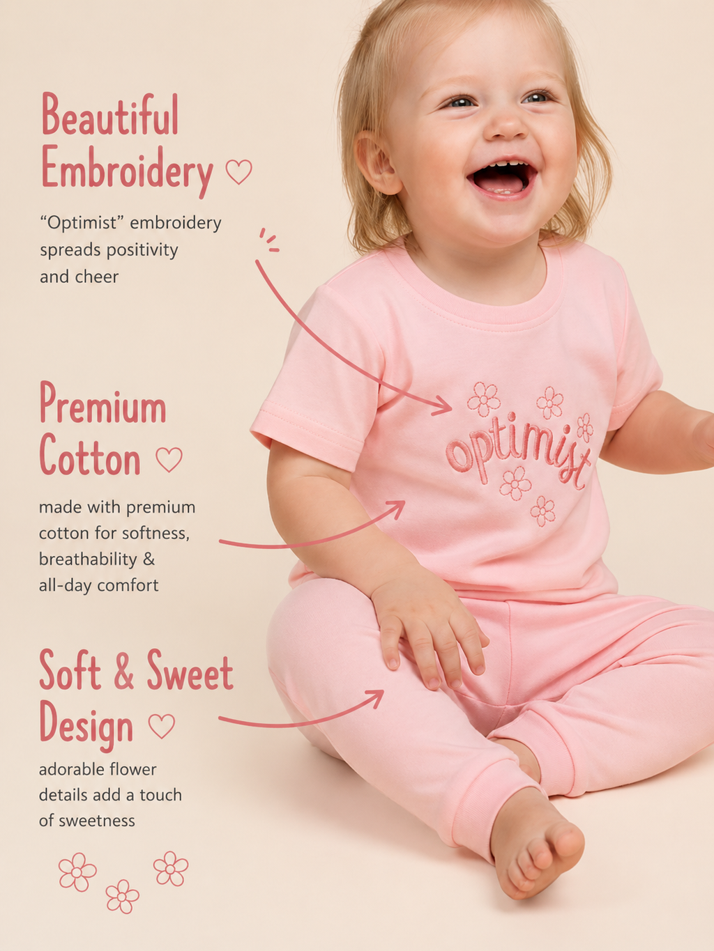 Blush Pink — BabyRon Optimist premium organic cotton baby pyjama set worn by baby girl model, soft breathable baby wear for 0–12 months, gentle on sensitive skin, premium baby clothing India by BabyRon