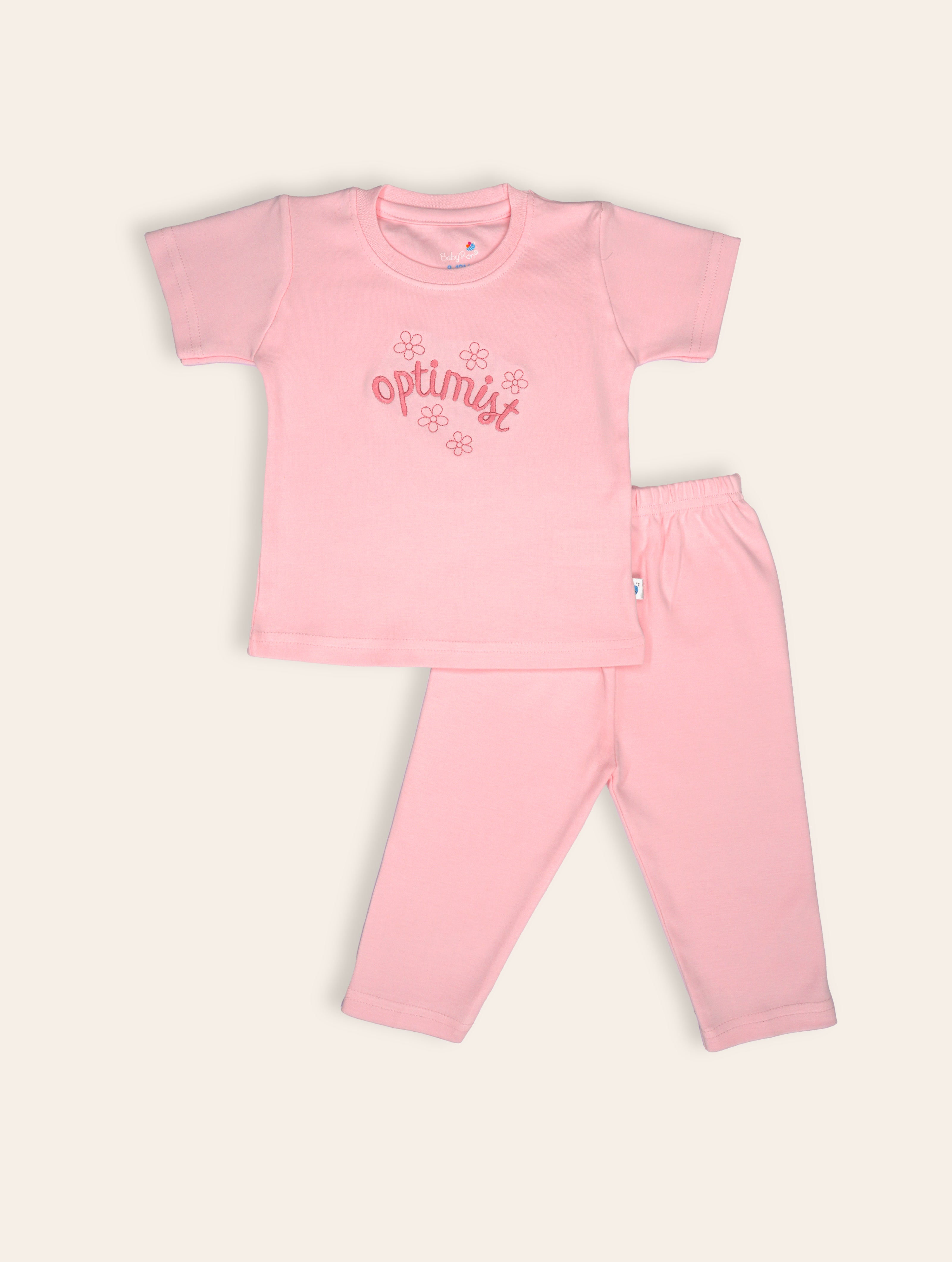 Blush Pink — BabyRon Optimist premium organic cotton baby pyjama set worn by baby girl model, soft breathable baby wear for 0–12 months, gentle on sensitive skin, premium baby clothing India by BabyRon