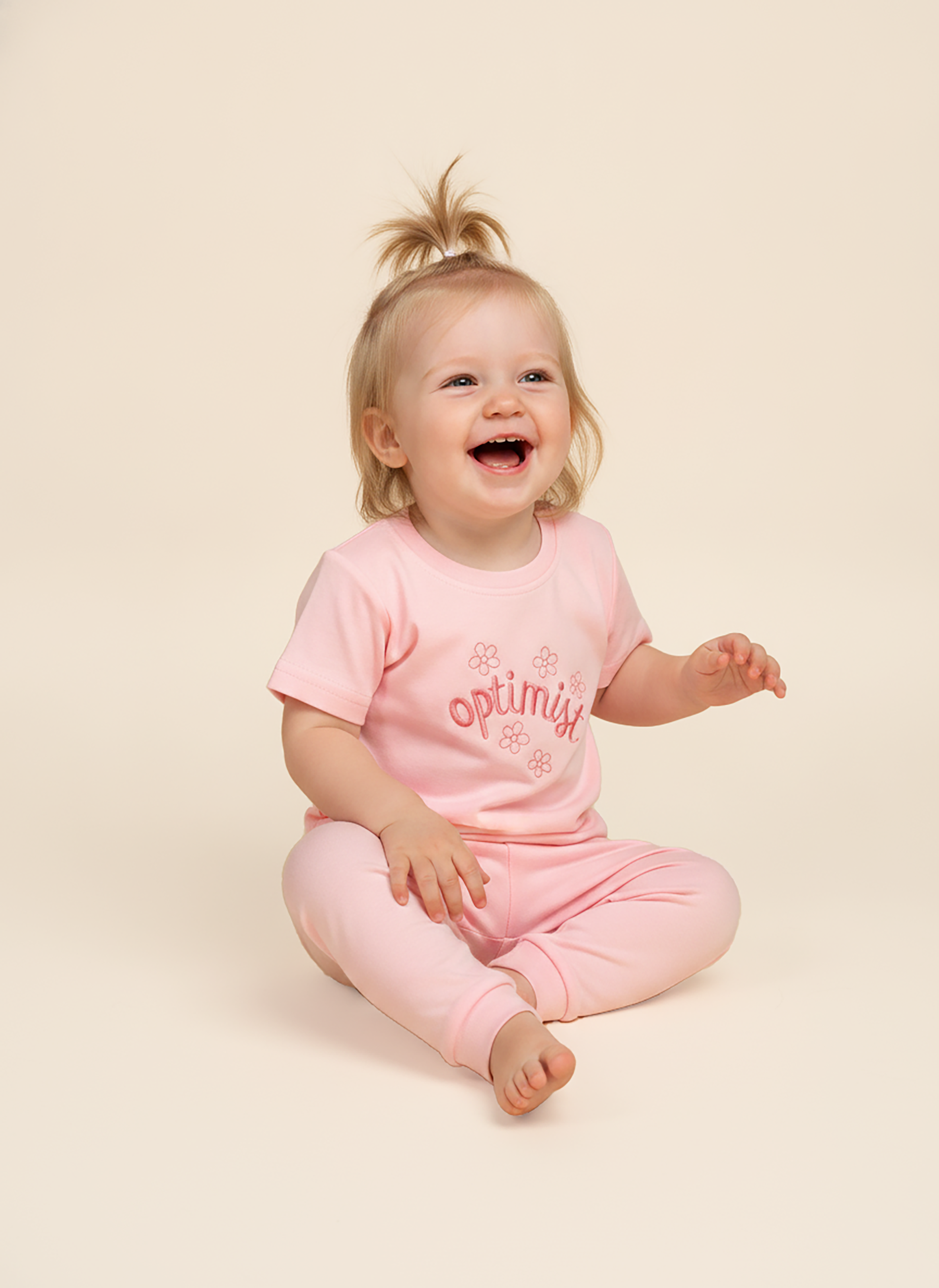 Blush Pink — BabyRon Optimist premium organic cotton baby pyjama set worn by baby girl model, soft breathable baby wear for 0–12 months, gentle on sensitive skin, premium baby clothing India by BabyRon
