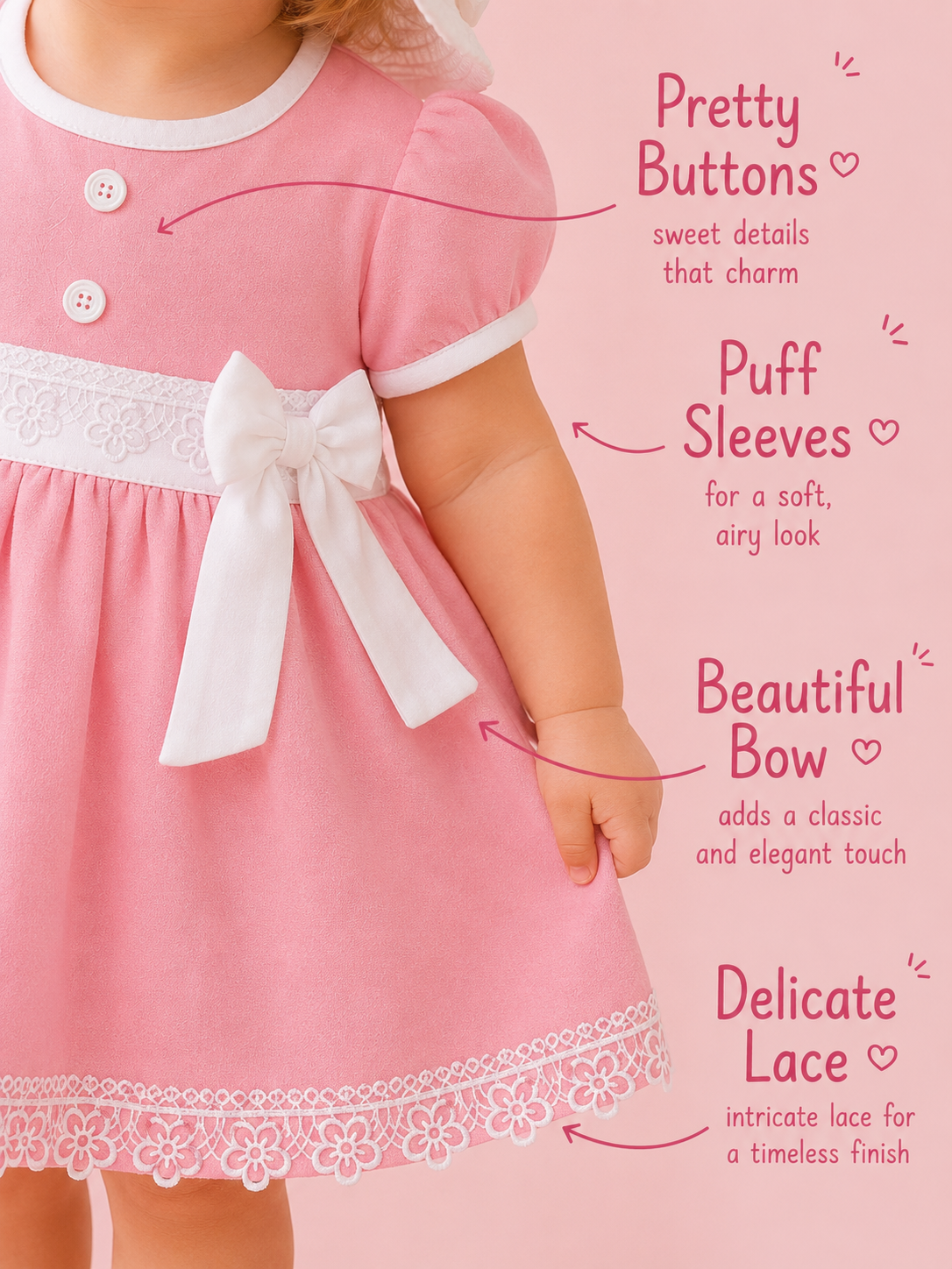 Blush Pink — BabyRon Princess organic cotton baby dress worn by baby model, soft cotton baby clothes for sensitive skin, premium baby clothes India and sustainable baby clothing India by BabyRon