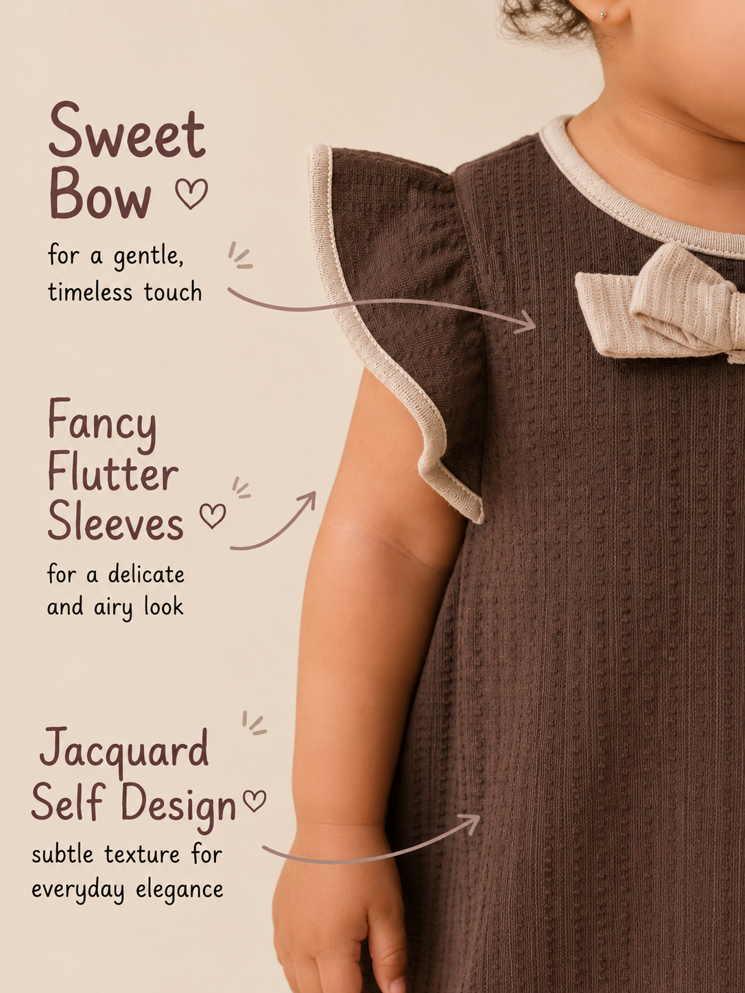 Chocolate Brown — BabyRon Empress organic cotton baby dress worn by baby model, soft cotton baby clothes for sensitive skin, premium baby clothes India and sustainable baby clothing India by BabyRon