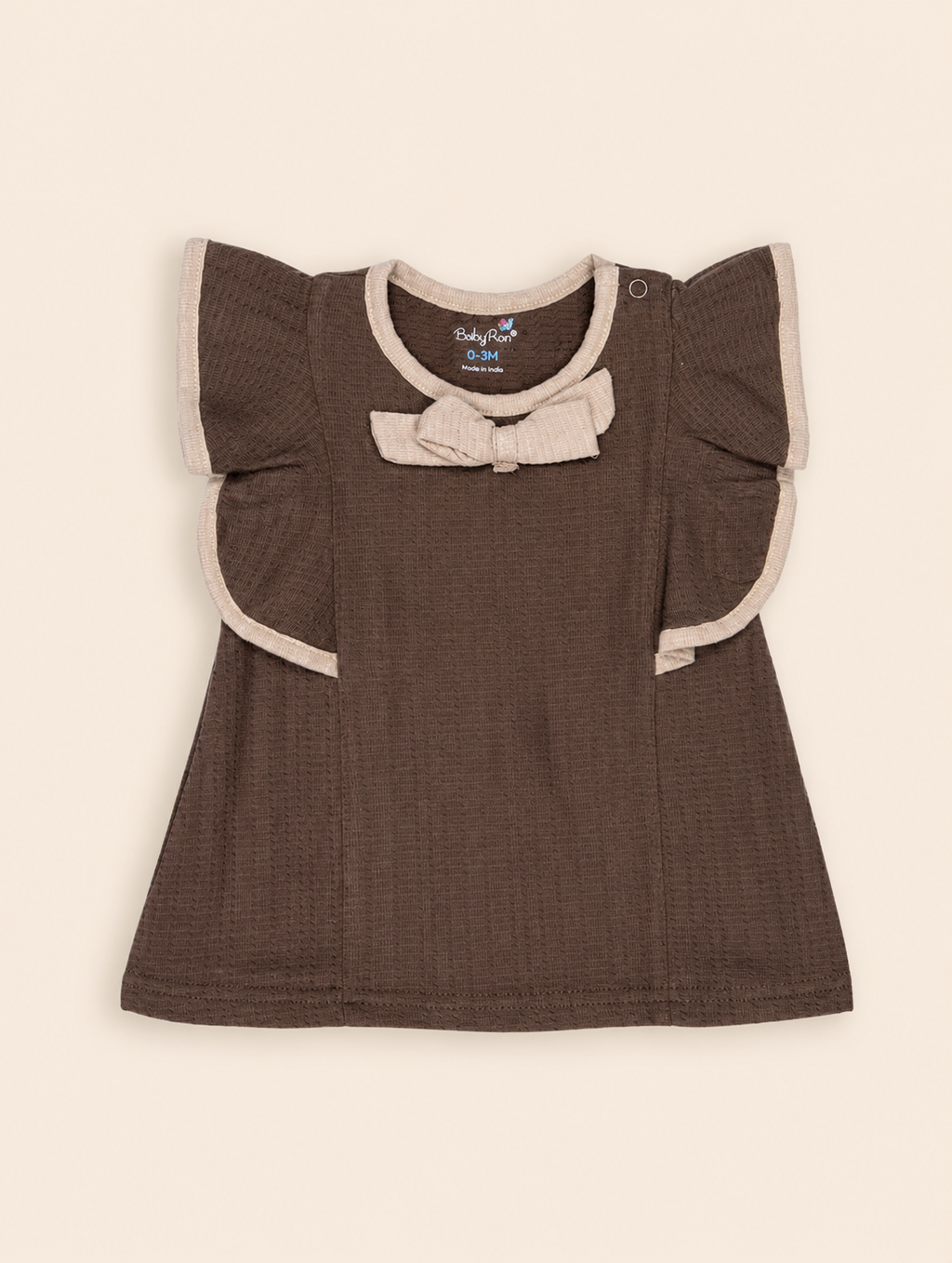 Chocolate Brown — BabyRon Empress organic cotton baby dress worn by baby model, soft cotton baby clothes for sensitive skin, premium baby clothes India and sustainable baby clothing India by BabyRon