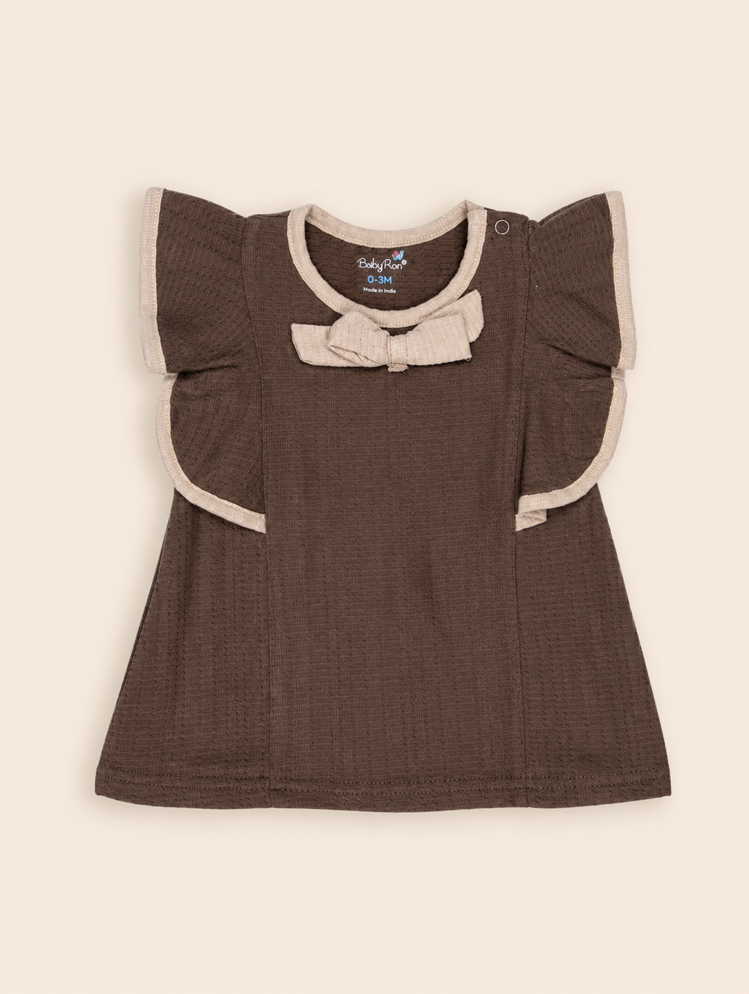 Chocolate Brown — BabyRon Empress organic cotton baby dress worn by baby model, soft cotton baby clothes for sensitive skin, premium baby clothes India and sustainable baby clothing India by BabyRon