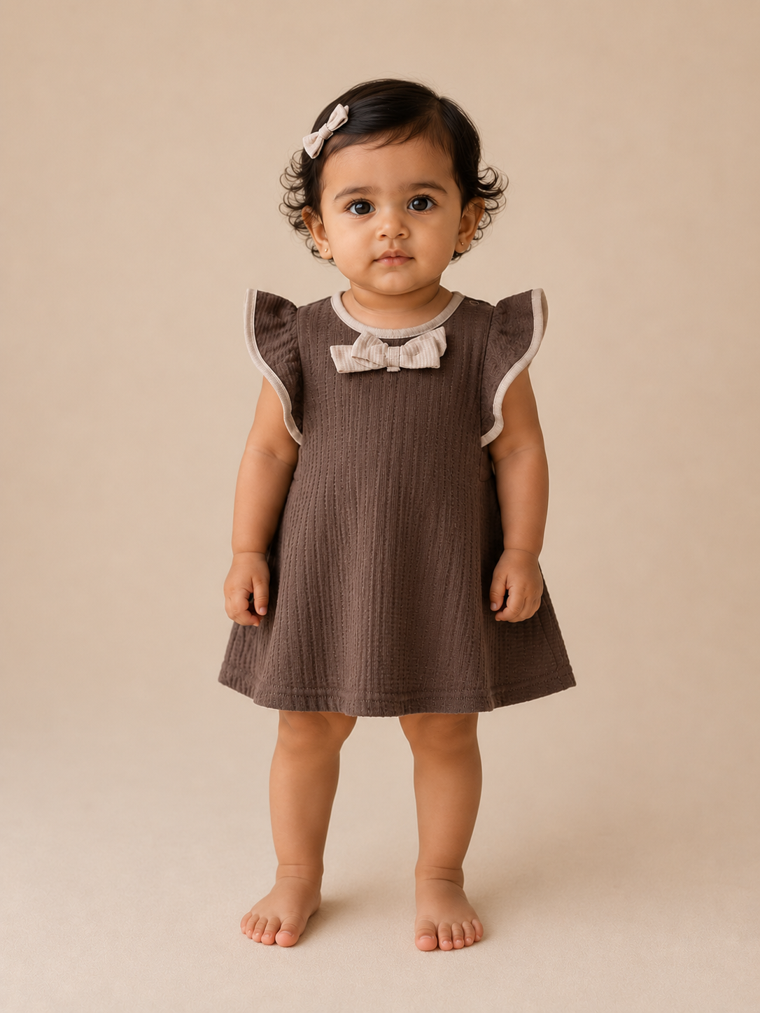 Chocolate Brown — BabyRon Empress organic cotton baby dress worn by baby model, soft cotton baby clothes for sensitive skin, premium baby clothes India and sustainable baby clothing India by BabyRon
