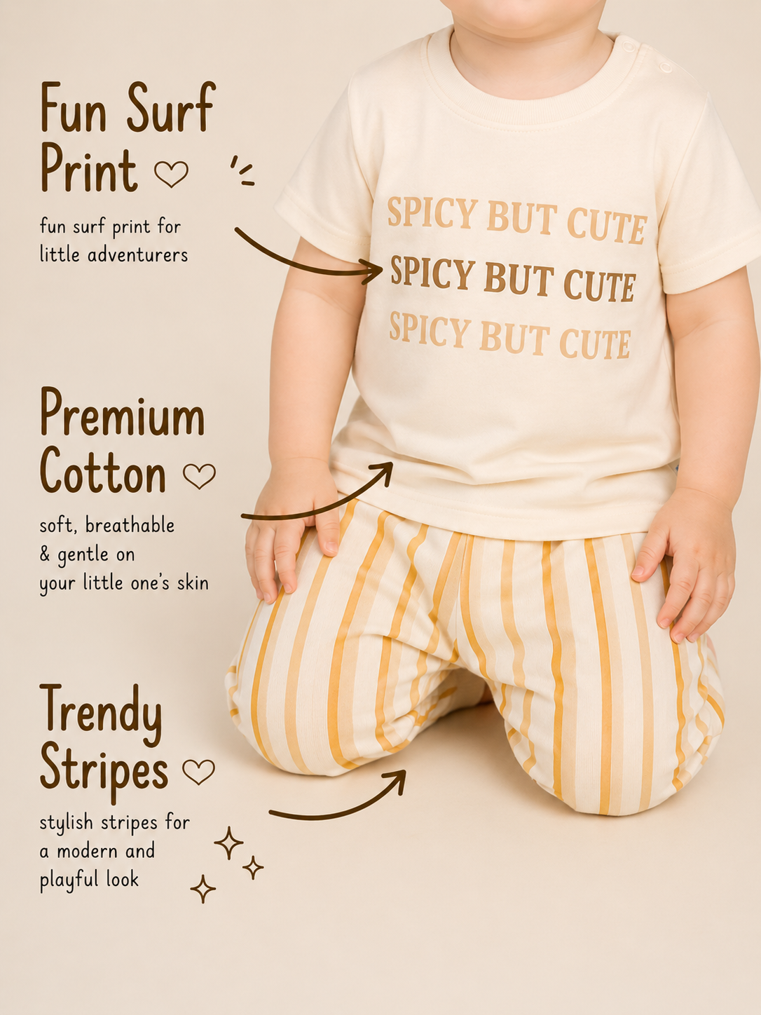 Cocoa Brown — BabyRon Spice premium organic cotton baby pyjama set worn by baby boy model, soft breathable baby wear for 0–12 months, gentle on sensitive skin, premium baby clothing India by BabyRon