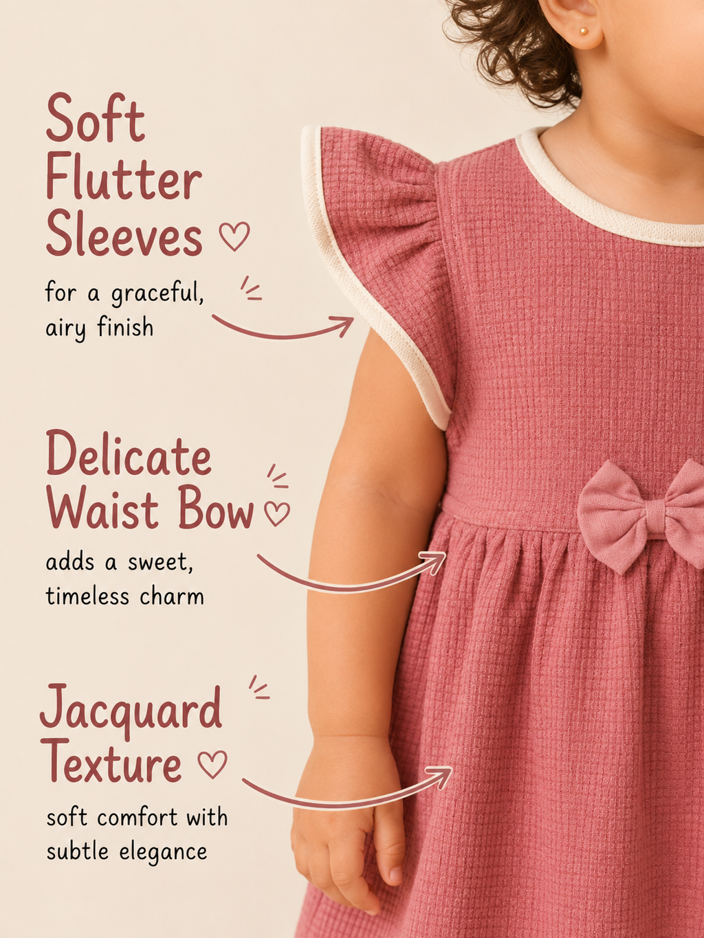 Desert Rose — BabyRon Duchess organic cotton baby dress worn by baby model, soft cotton baby clothes for sensitive skin, premium baby clothes India and sustainable baby clothing India by BabyRon