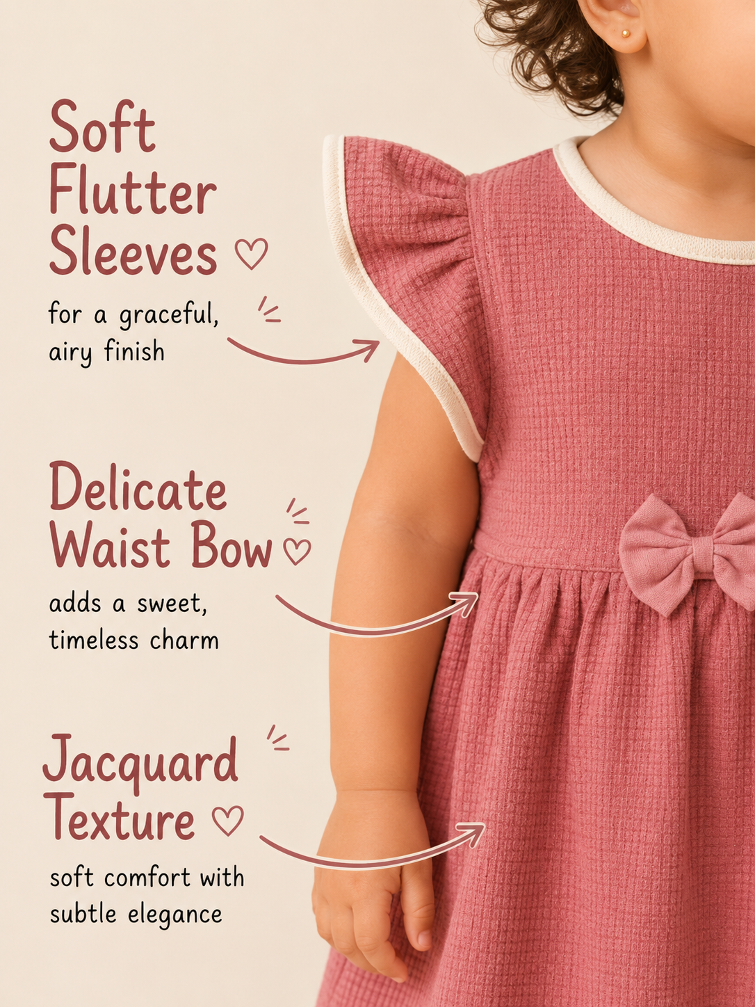 Desert Rose — BabyRon Duchess organic cotton baby dress worn by baby model, soft cotton baby clothes for sensitive skin, premium baby clothes India and sustainable baby clothing India by BabyRon