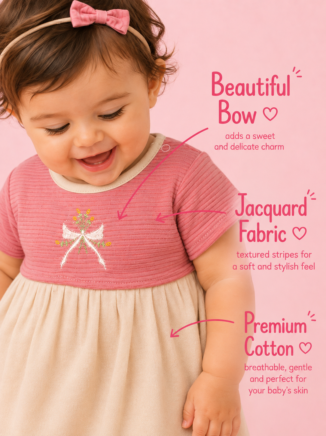 Desert Rose — BabyRon Rosette organic cotton baby dress worn by baby model, soft cotton baby clothes for sensitive skin, premium baby clothes India and sustainable baby clothing India by BabyRon