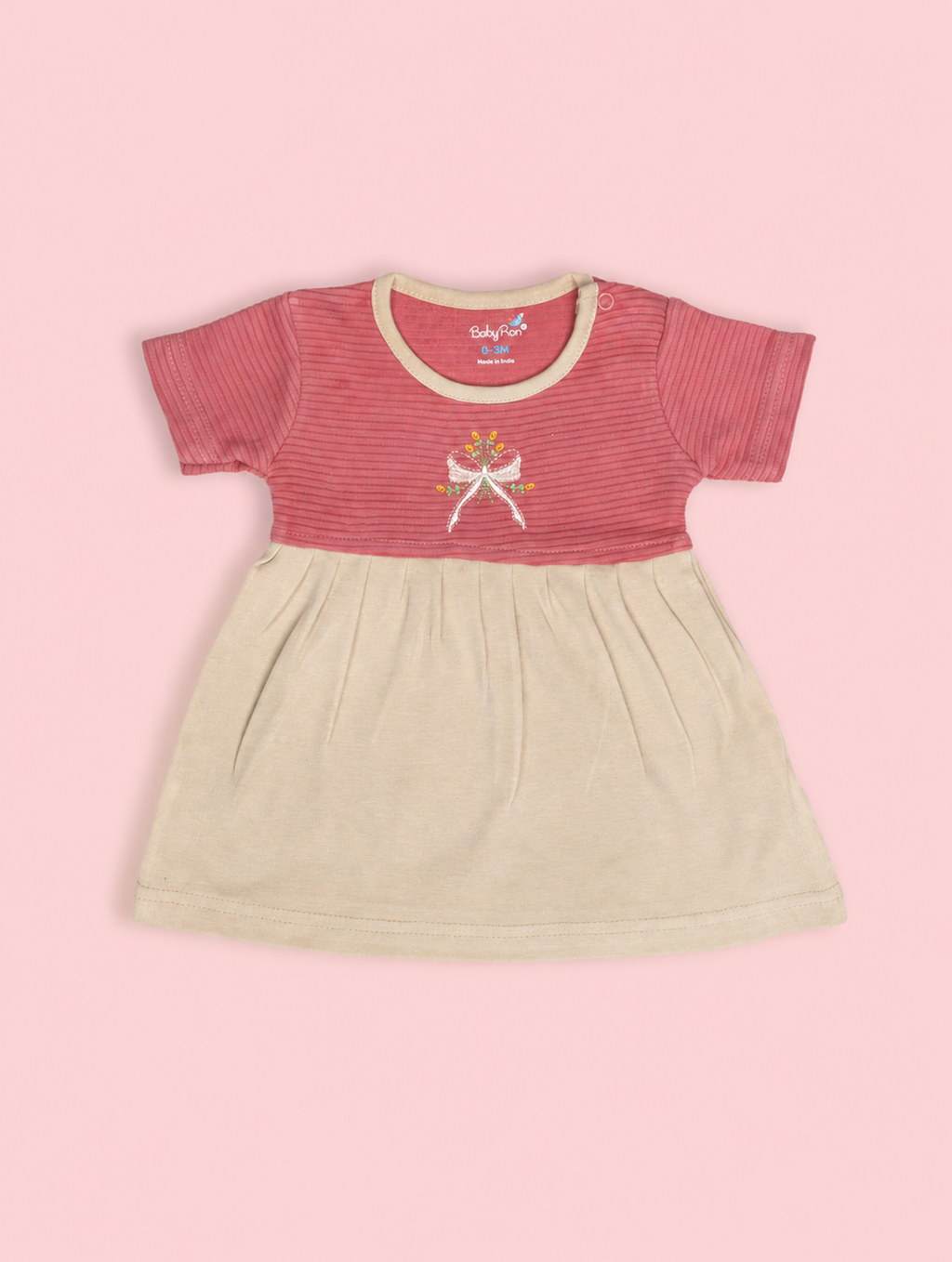 Desert Rose — BabyRon Rosette organic cotton baby dress worn by baby model, soft cotton baby clothes for sensitive skin, premium baby clothes India and sustainable baby clothing India by BabyRon