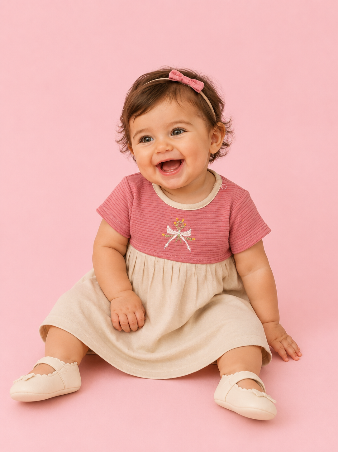 Desert Rose — BabyRon Rosette organic cotton baby dress worn by baby model, soft cotton baby clothes for sensitive skin, premium baby clothes India and sustainable baby clothing India by BabyRon