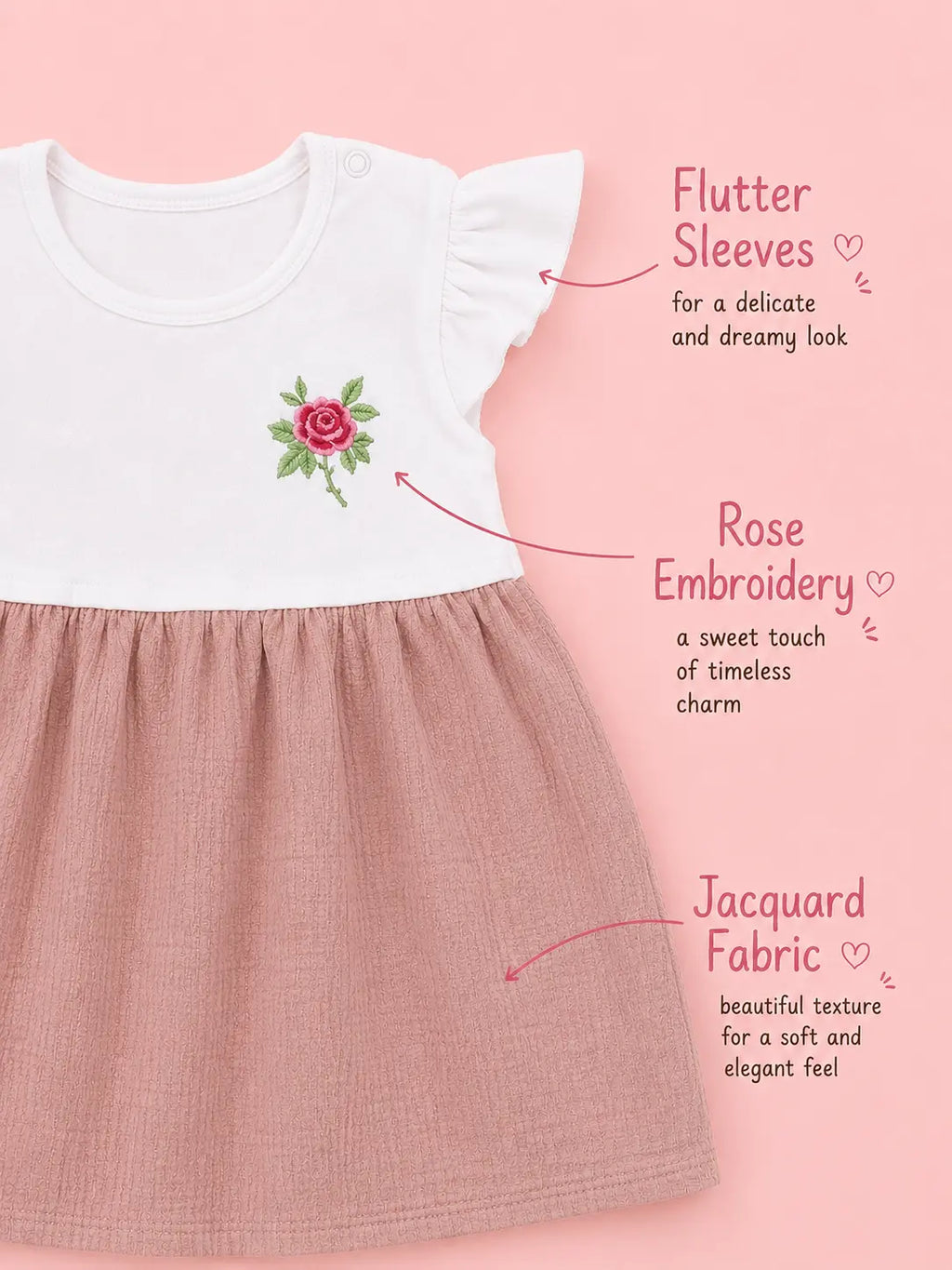 Dusty Pink — Tiny Rose organic cotton baby dress product details and fabric benefits, premium newborn clothing and newborn essentials India by Baby