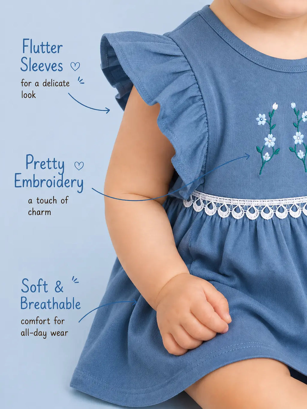 English Grey — Tiny Lavender organic cotton baby dress product details, sustainable baby clothing India and premium newborn clothing by BabyRon