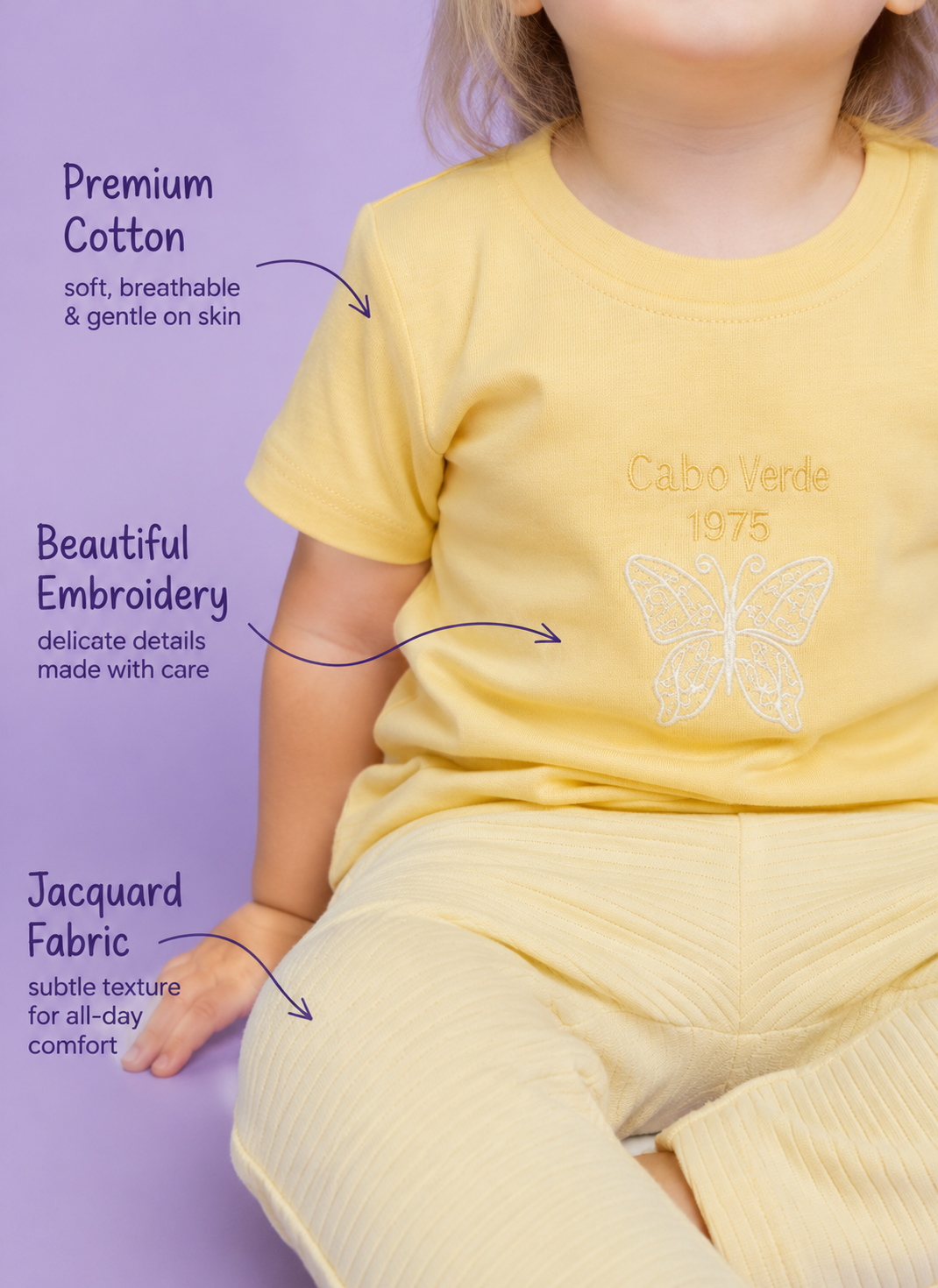 Mellow Yellow — BabyRon Butterfly premium organic cotton baby pyjama set worn by baby girl model, soft breathable baby wear for 0–12 months, gentle on sensitive skin, premium baby clothing India by BabyRon