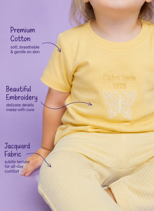 Mellow Yellow — BabyRon Butterfly premium organic cotton baby pyjama set worn by baby girl model, soft breathable baby wear for 0–12 months, gentle on sensitive skin, premium baby clothing India by BabyRon