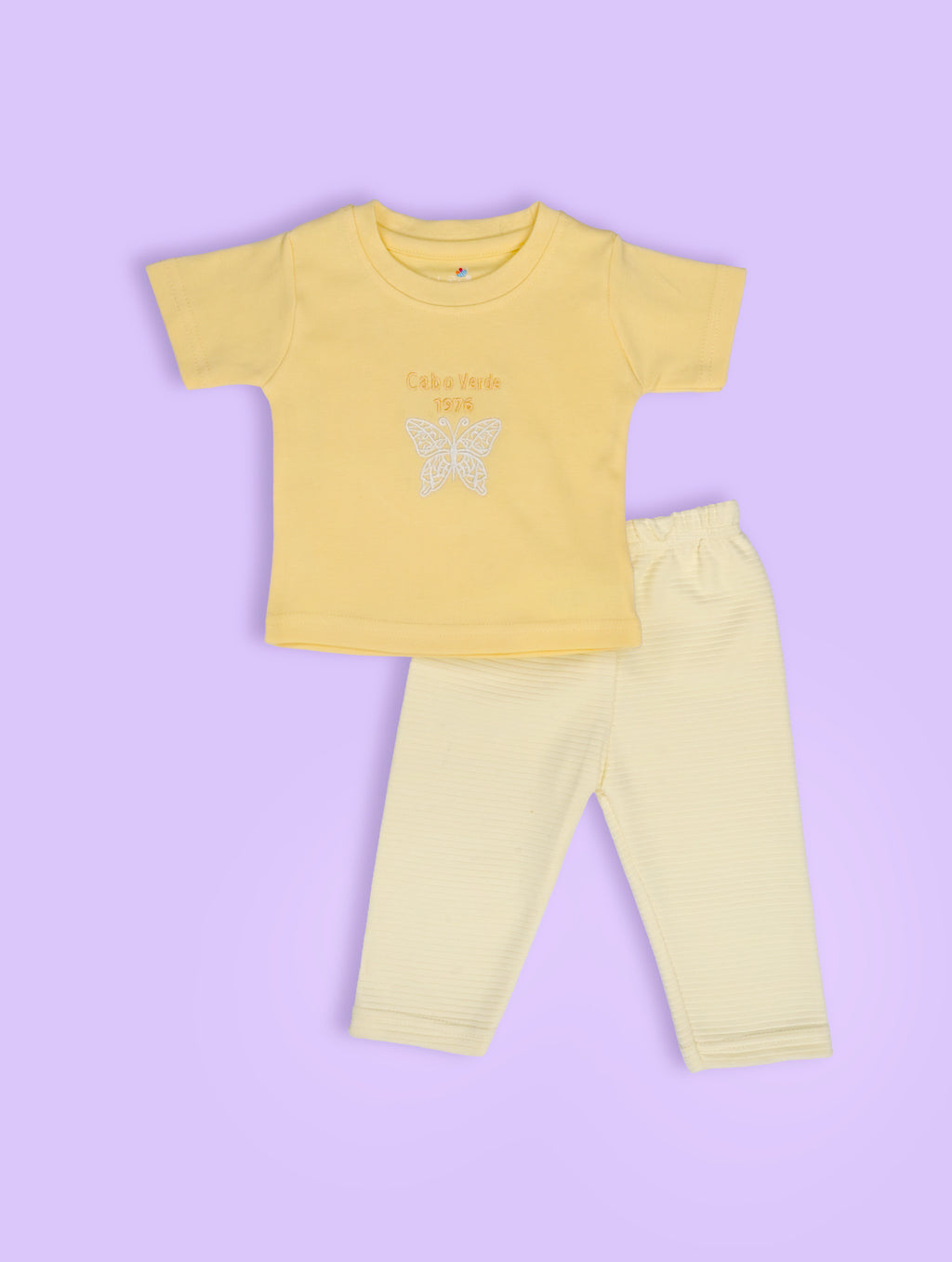 Mellow Yellow — BabyRon Butterfly premium organic cotton baby pyjama set worn by baby girl model, soft breathable baby wear for 0–12 months, gentle on sensitive skin, premium baby clothing India by BabyRon