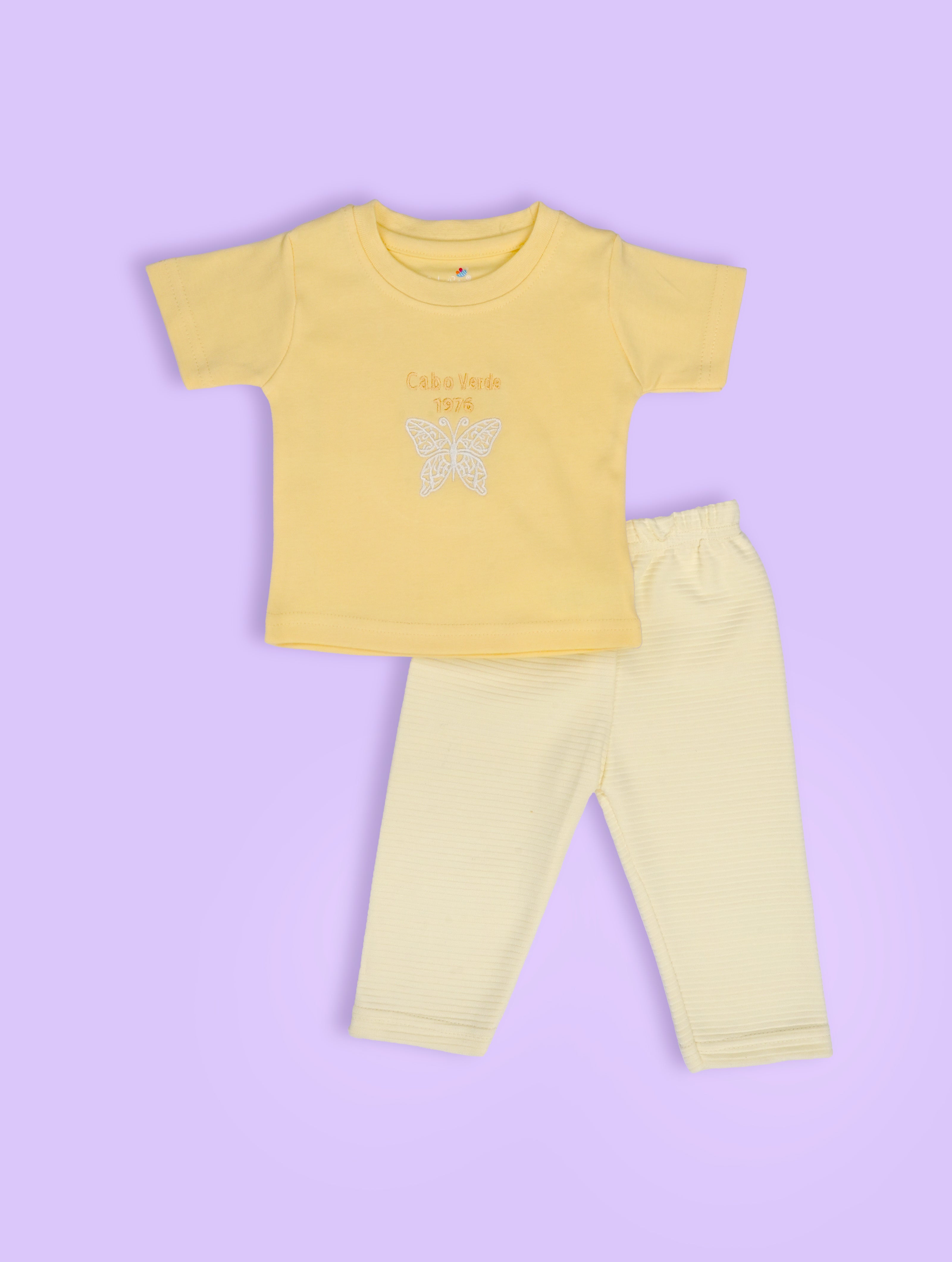 Mellow Yellow — BabyRon Butterfly premium organic cotton baby pyjama set worn by baby girl model, soft breathable baby wear for 0–12 months, gentle on sensitive skin, premium baby clothing India by BabyRon