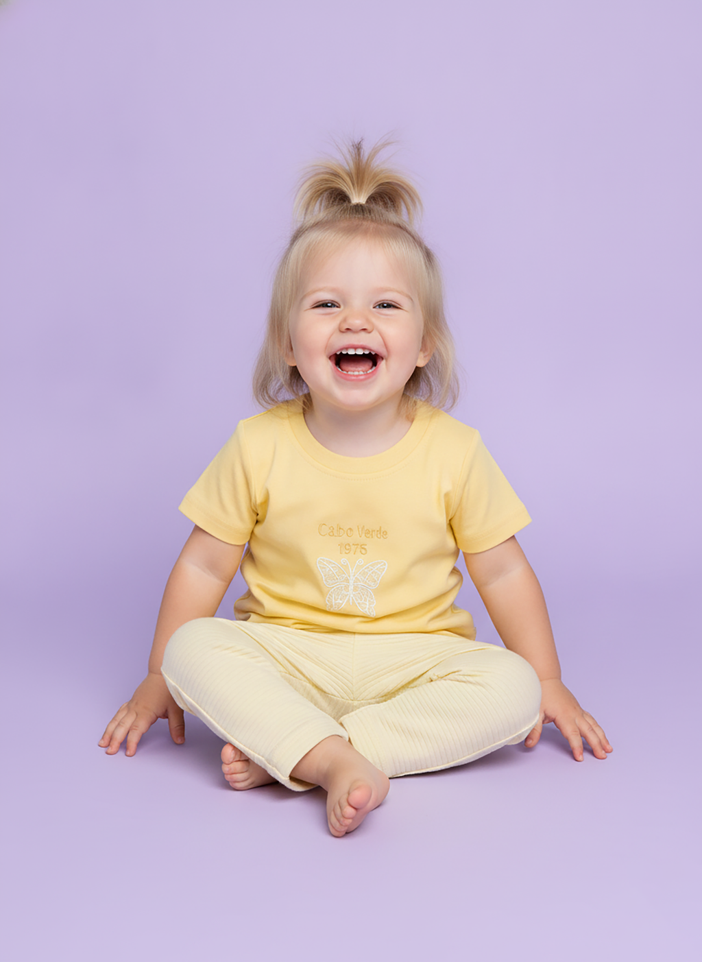 Mellow Yellow — BabyRon Butterfly premium organic cotton baby pyjama set worn by baby girl model, soft breathable baby wear for 0–12 months, gentle on sensitive skin, premium baby clothing India by BabyRon