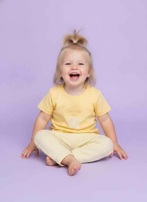 Mellow Yellow — BabyRon Butterfly premium organic cotton baby pyjama set worn by baby girl model, soft breathable baby wear for 0–12 months, gentle on sensitive skin, premium baby clothing India by BabyRon