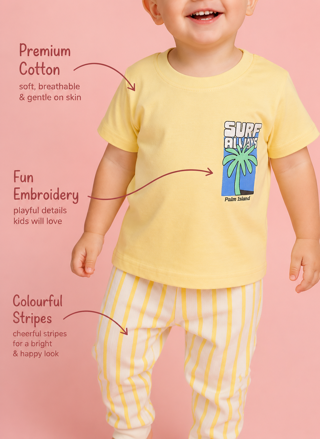Mellow Yellow — BabyRon Surfer premium organic cotton baby pyjama set worn by baby boy model, soft breathable baby clothes for sensitive skin, safe baby wear, perfect for gifting, sustainable baby clothing India by BabyRon