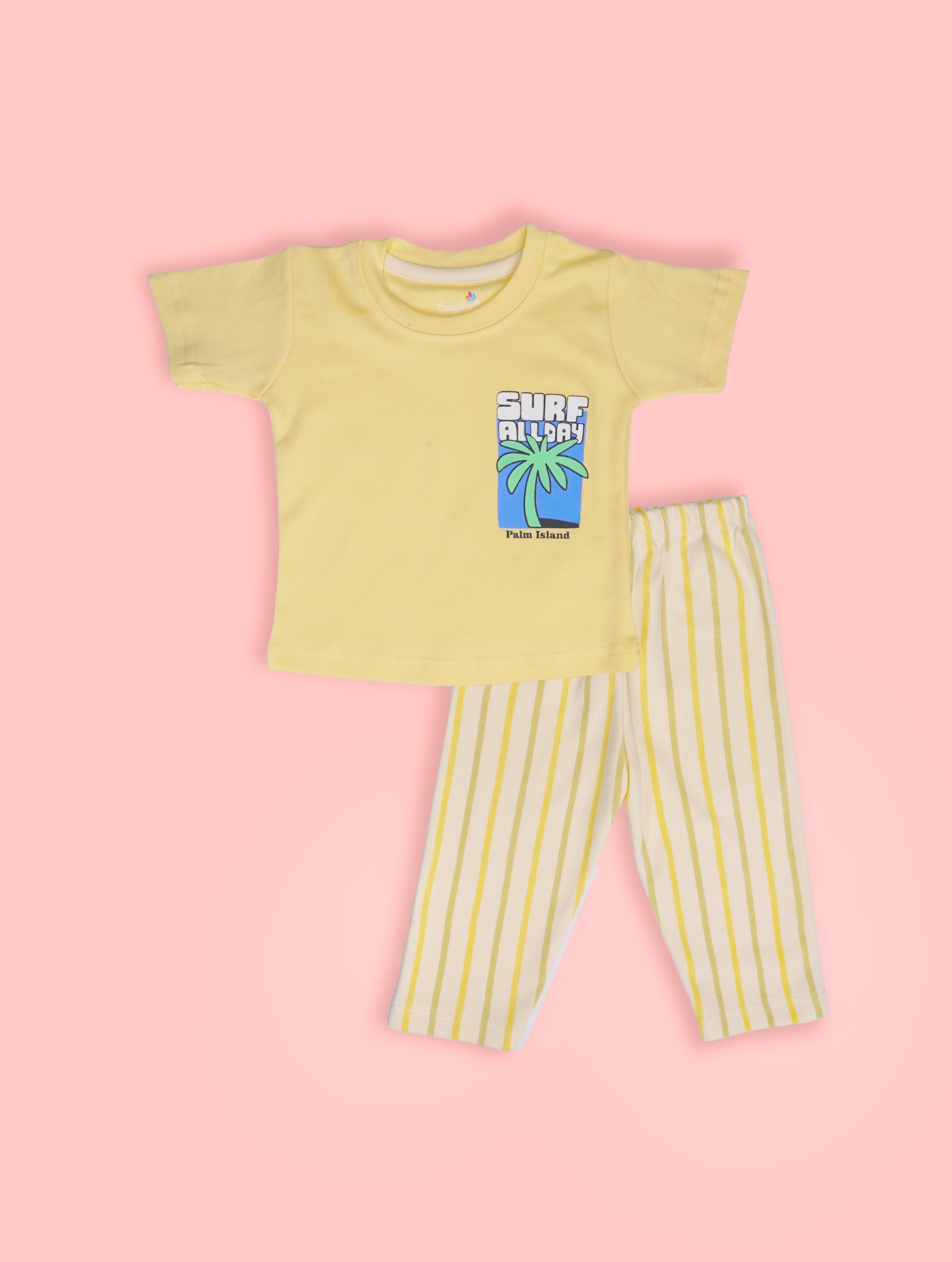 Mellow Yellow — BabyRon Surfer premium organic cotton baby pyjama set worn by baby boy model, soft breathable baby clothes for sensitive skin, safe baby wear, perfect for gifting, sustainable baby clothing India by BabyRon