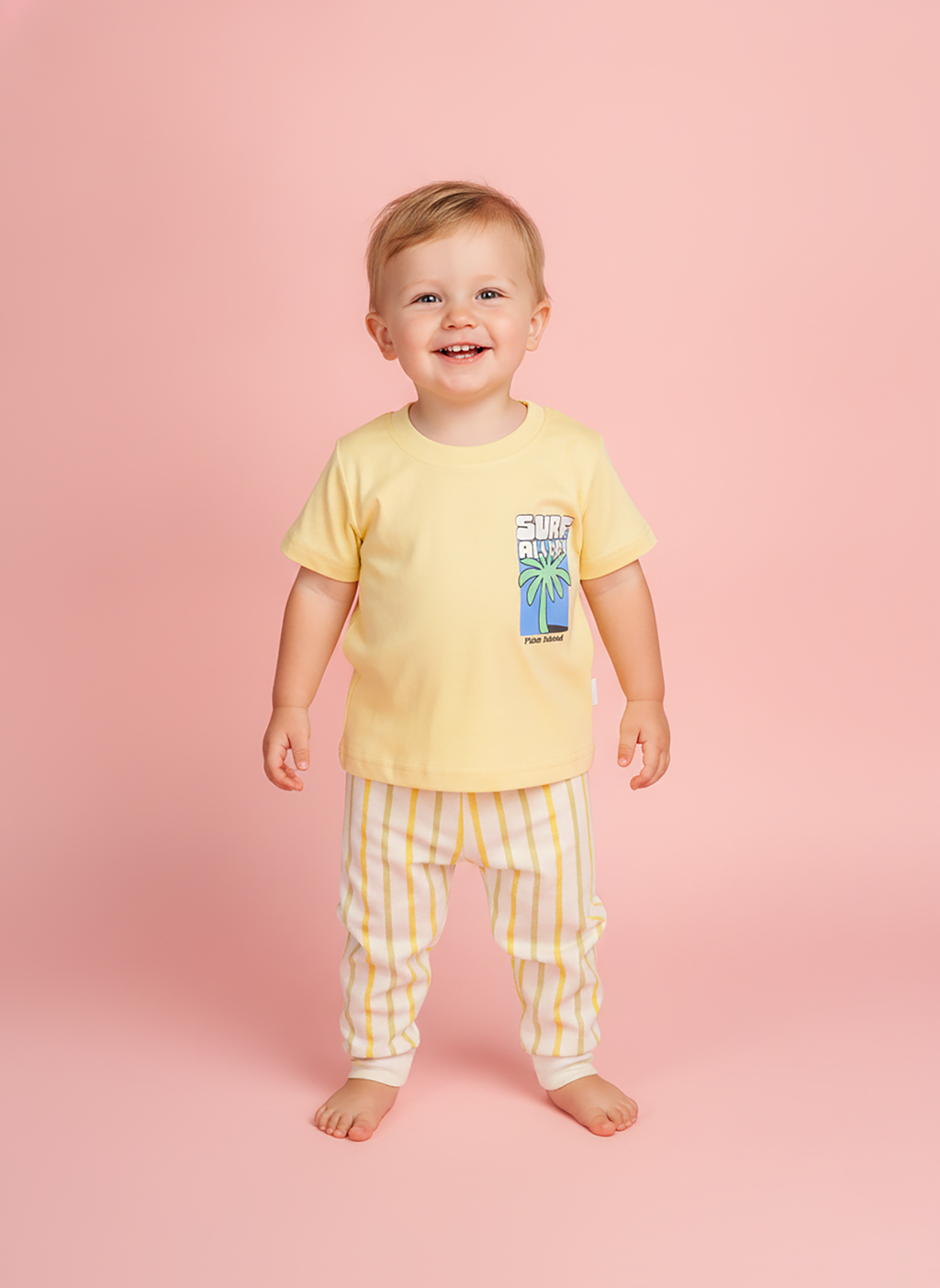 Mellow Yellow — BabyRon Surfer premium organic cotton baby pyjama set worn by baby boy model, soft breathable cotton baby clothes for sensitive skin, safe and chemical-conscious baby wear, newborn gifting and baby shower gift, premium baby clothing for 0–12 months, sustainable baby clothing India by BabyRon